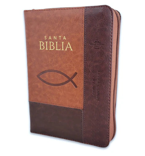 Biblia con Cierre Portátil 12 puntos RV1960, imit piel café ichtus con índice