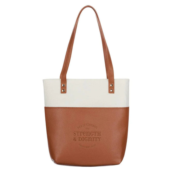 Strength & Dignity Two-tone Toffee and Cream Felt Fashion Bible Tote Bag - Proverbs 31:25